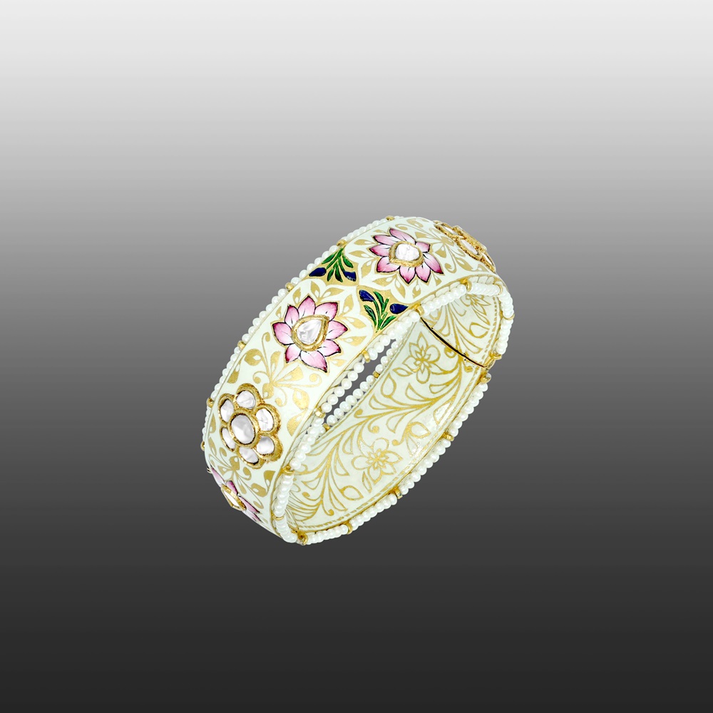 Pink Lotus Enamel Bangle with Polki and Pearl Edges